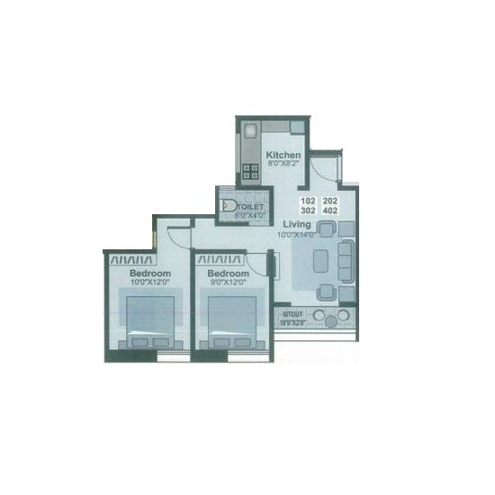 Floor plan of 2 BHK 604 Sq. Ft. Apartment in Mahalaxmi Dew Drop, Pune