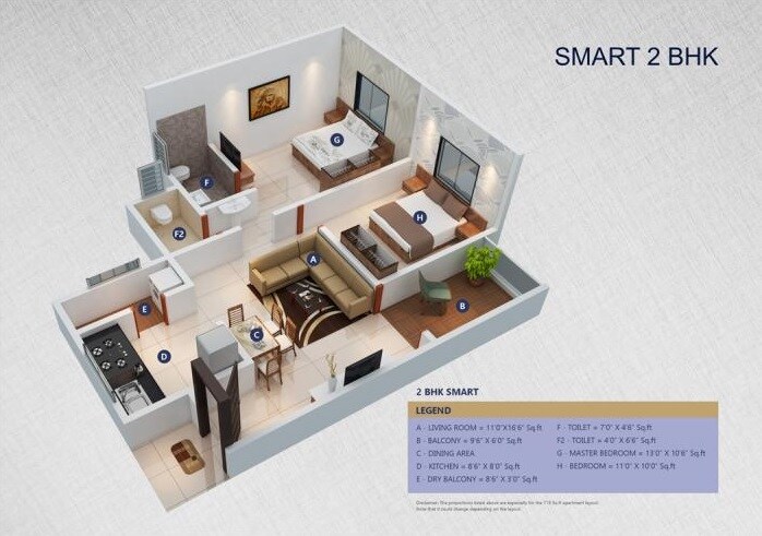 Floor plan of 2 BHK Apartment - 715 sq. ft. in Mahalaxmi Elegance, Pune