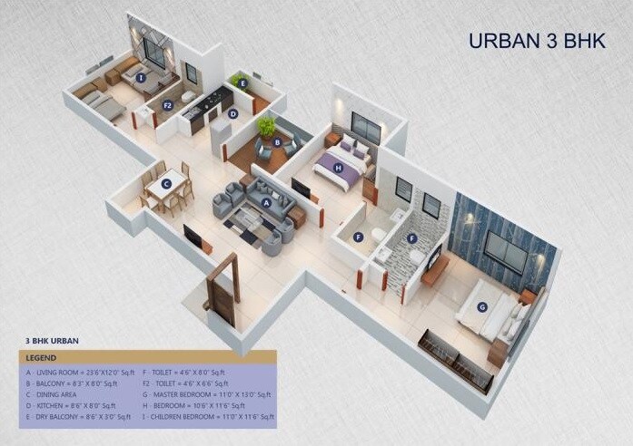 Floor plan of 3 BHK Apartment - 1123 sq. ft. in Mahalaxmi Elegance, Pune