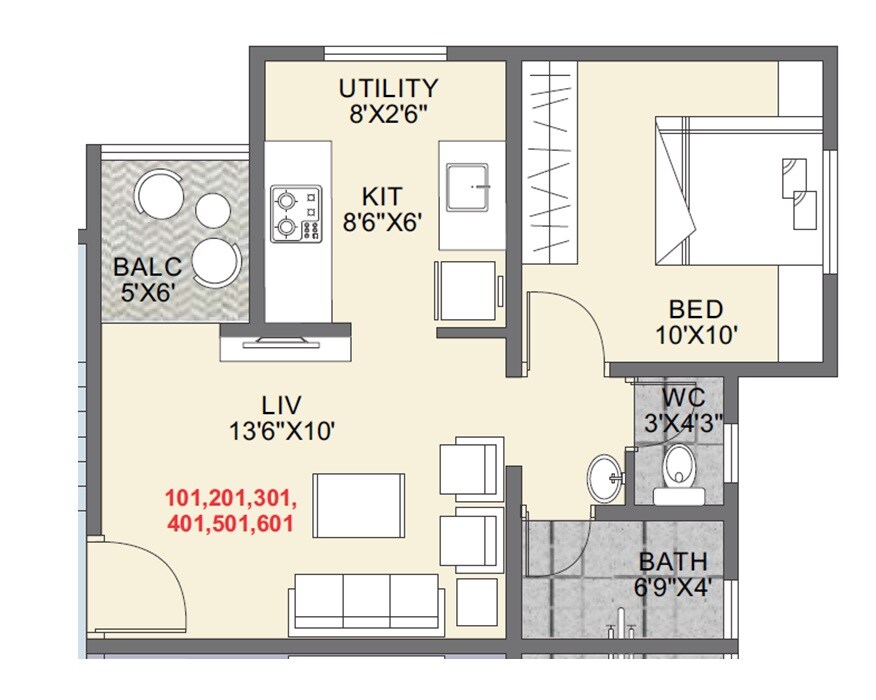Floor plan of 1 BHK 408 Sq. Ft. Apartment in Mahalaxmi Heights Pune, Pune