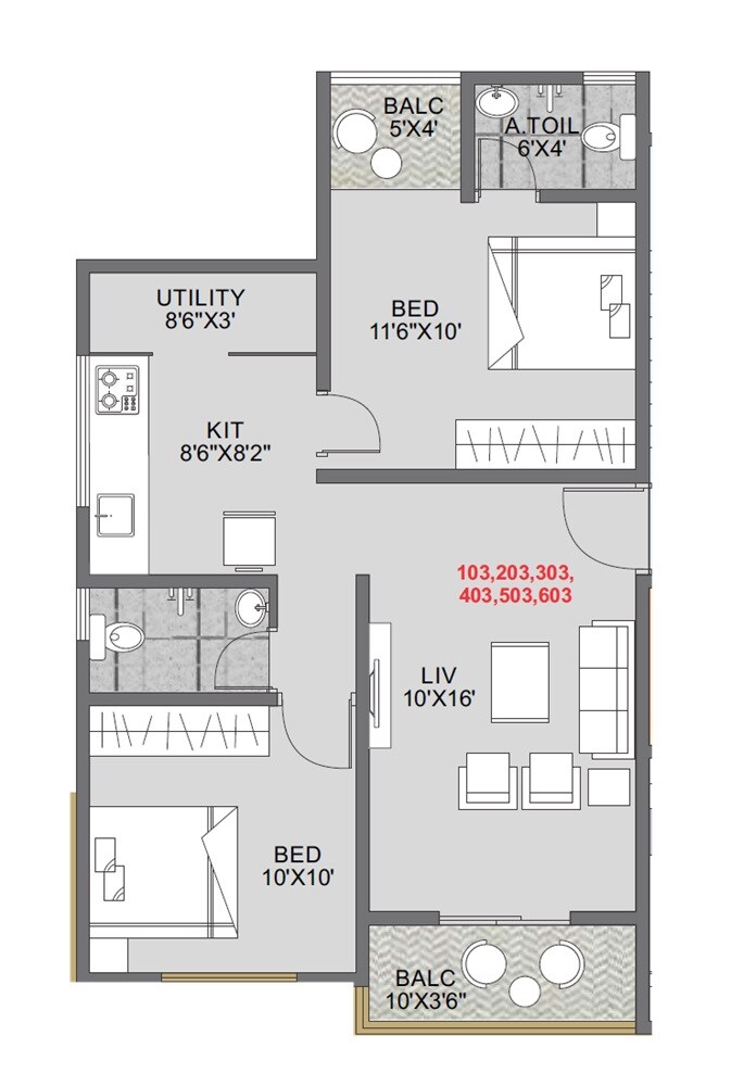 Floor plan of 2 BHK 521 Sq. Ft. Apartment in Mahalaxmi Heights Pune, Pune