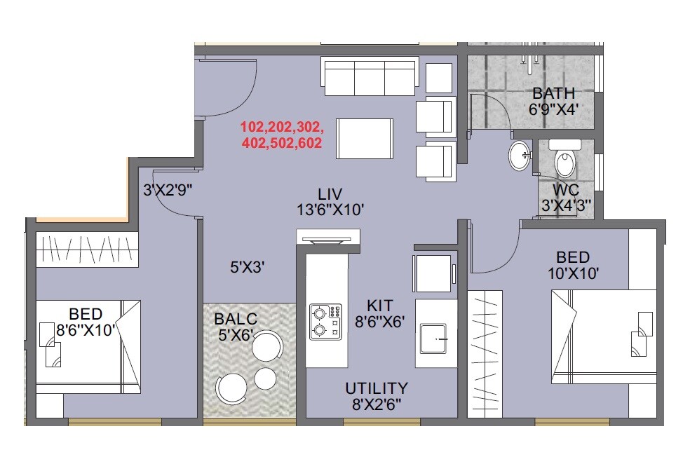 Floor plan of 2 BHK 628 Sq. Ft. Apartment in Mahalaxmi Heights Pune, Pune