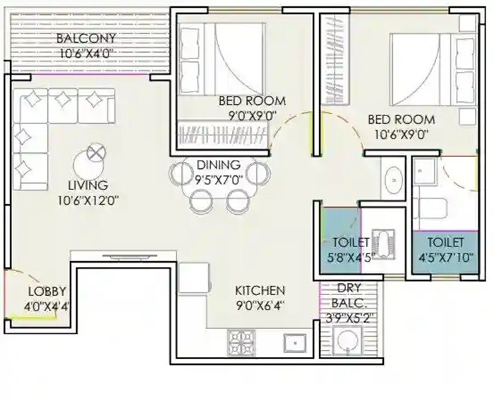 Floor plan of 2 BHK 526 Sq. Ft. Apartment in Mahalaxmi Raga Homes, Pune