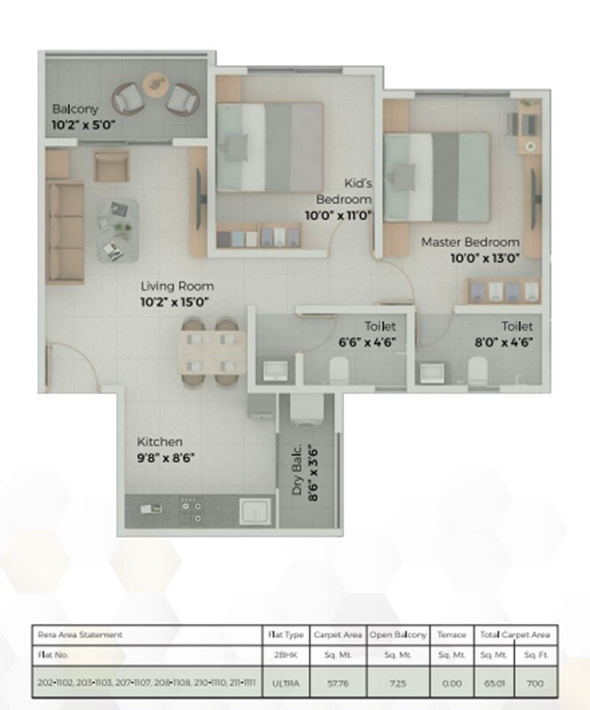 Floor plan of 2 BHK 700 Sq. Ft. Apartment in Mahalaxmi Rajput Ekyum, Pune