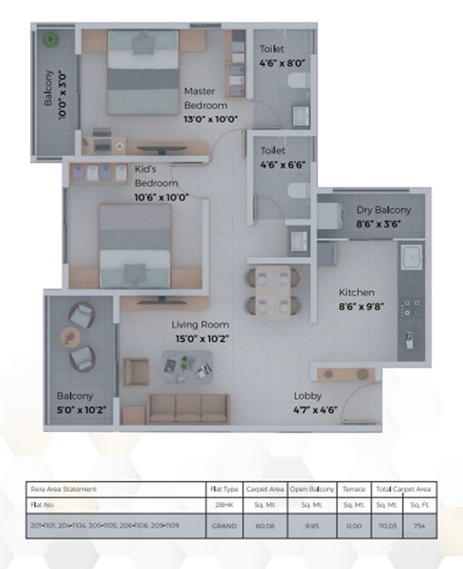 Floor plan of 2 BHK 754 Sq. Ft. Apartment in Mahalaxmi Rajput Ekyum, Pune