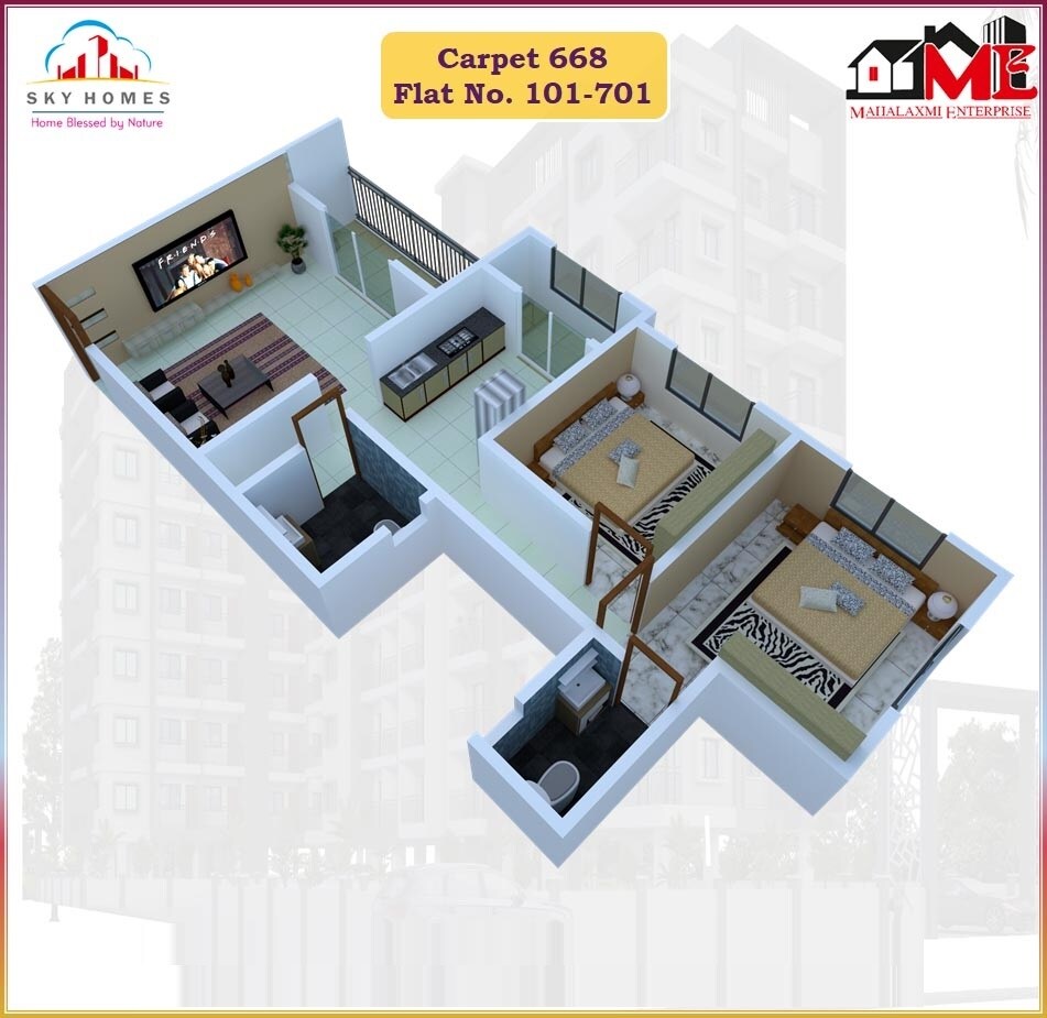 Floor plan of 2 BHK 668 Sq. Ft. Apartment in Mahalaxmi Sky Homes, Pune