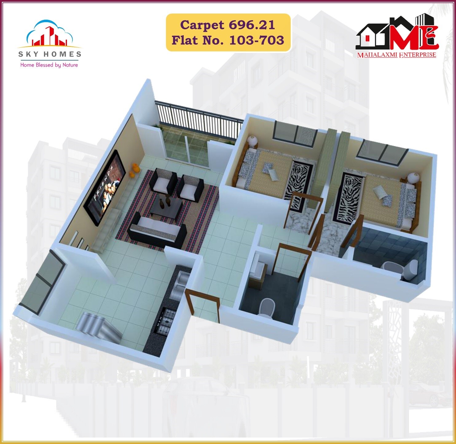 Floor plan of 2 BHK 696 Sq. Ft. Apartment in Mahalaxmi Sky Homes, Pune