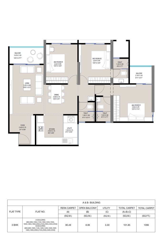 Floor plan of 3 BHK 1096 Sq. Ft. Apartment in Mahavir Silver Astra, Pune