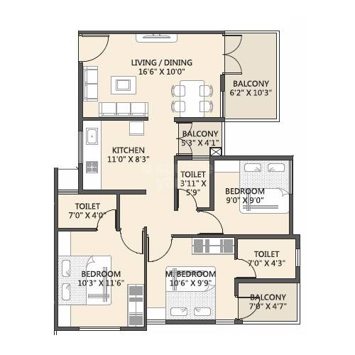 3 BHK 856 Sq. Ft. Apartment