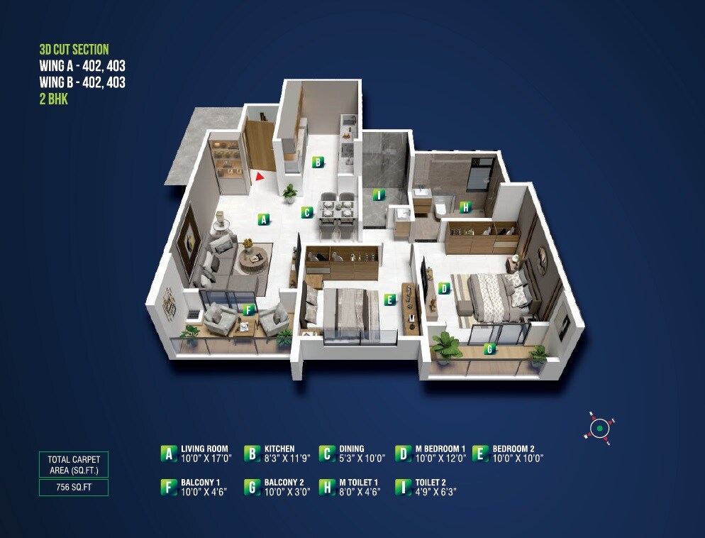 Floor plan of 2 BHK Apartment - 756 sq. ft. in Maheshwaram Vrinda, Pune