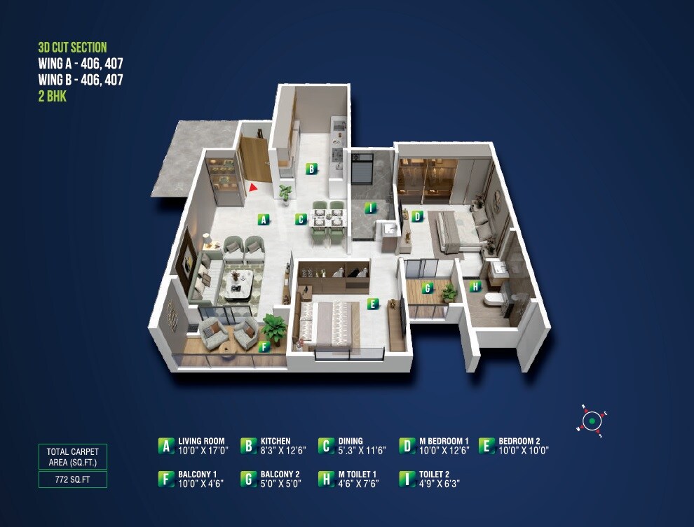 Floor plan of 2 BHK Apartment - 772 sq. ft. in Maheshwaram Vrinda, Pune