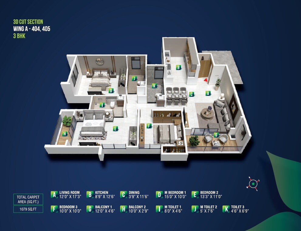 Floor plan of 3 BHK Apartment - 1079 sq. ft. in Maheshwaram Vrinda, Pune