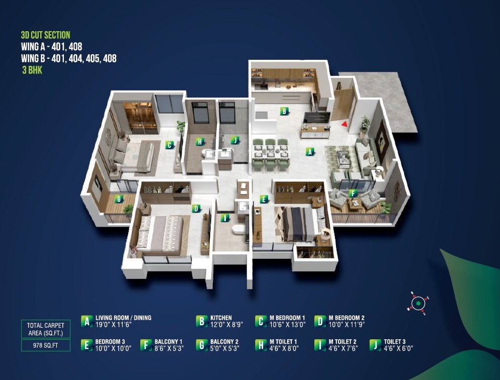 Floor plan of 3 BHK Apartment - 978 sq. ft. in Maheshwaram Vrinda, Pune