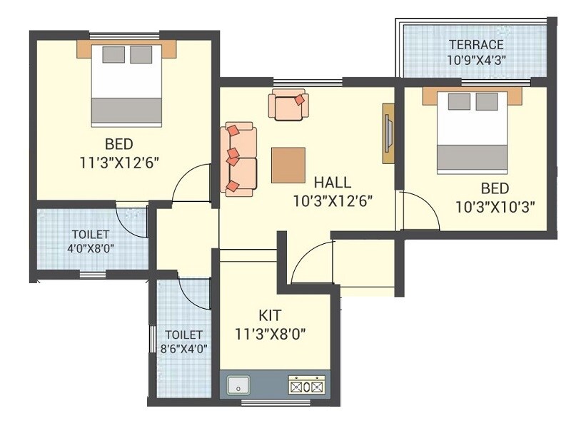 Floor plan of 2 BHK 457 Sq. Ft. Apartment in Maheshwari Axisa, Pune