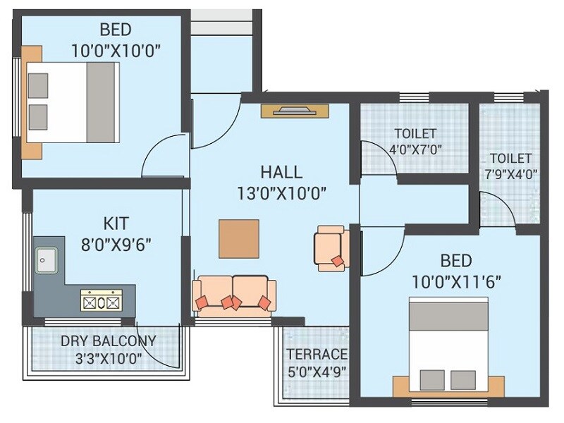 Floor plan of 2 BHK 607 Sq. Ft. Apartment in Maheshwari Axisa, Pune