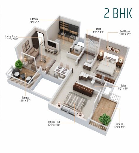 2 BHK 864 Sq. Ft. Apartment