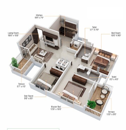 Floor plan of 3 BHK 1044 Sq. Ft. Apartment in Maheshwari Essentia, Pune
