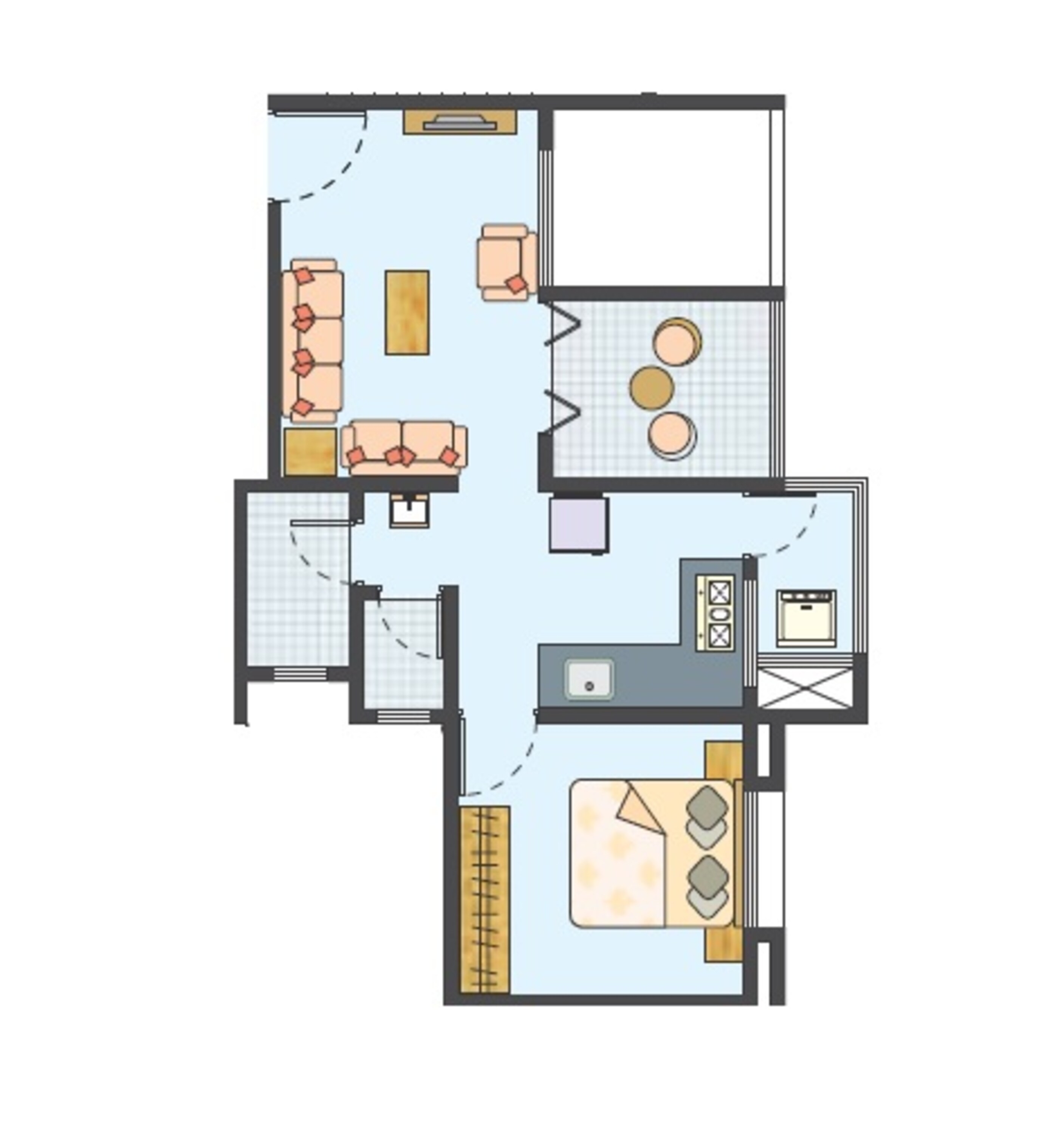 Floor plan of 1 BHK 413 Sq. Ft. Apartment in Maheshwari Suvarna Nagri, Pune