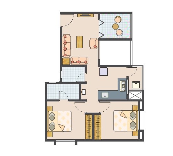 Floor plan of 2 BHK 582 Sq. Ft. Apartment in Maheshwari Suvarna Nagri, Pune