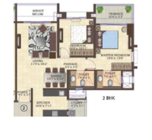 Floor plan of 2 BHK 600 Sq. Ft. Apartment in Mahindra Antheia, Pune