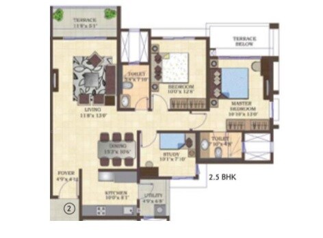 Floor plan of 2 BHK 630 Sq. Ft. Apartment in Mahindra Antheia, Pune