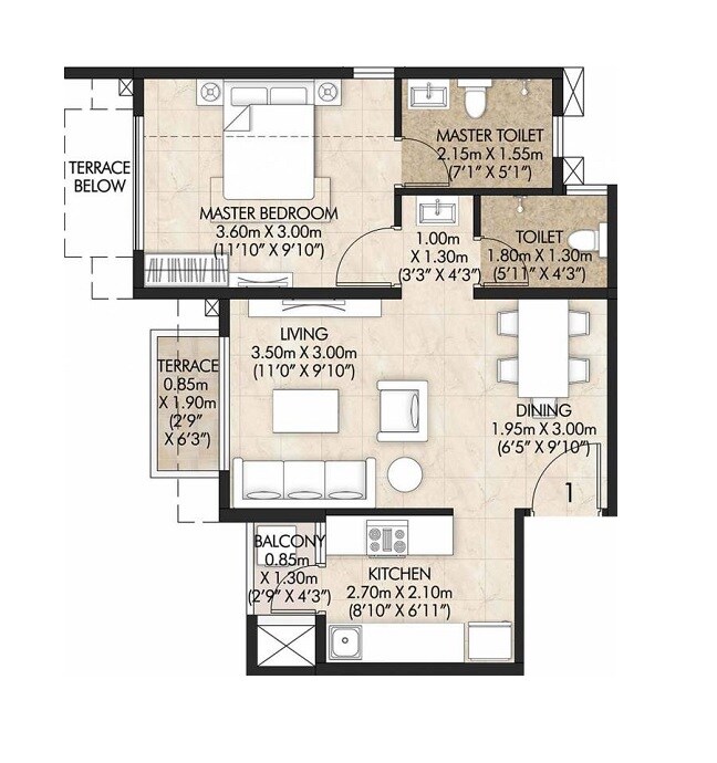 Floor plan of 1 BHK 417 Sq. Ft. Apartment in Mahindra Centralis Tower 1, Pune