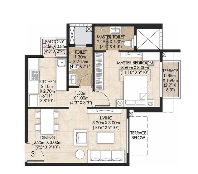 Floor plan of 1 BHK 429 Sq. Ft. Apartment in Mahindra Centralis Tower 1, Pune