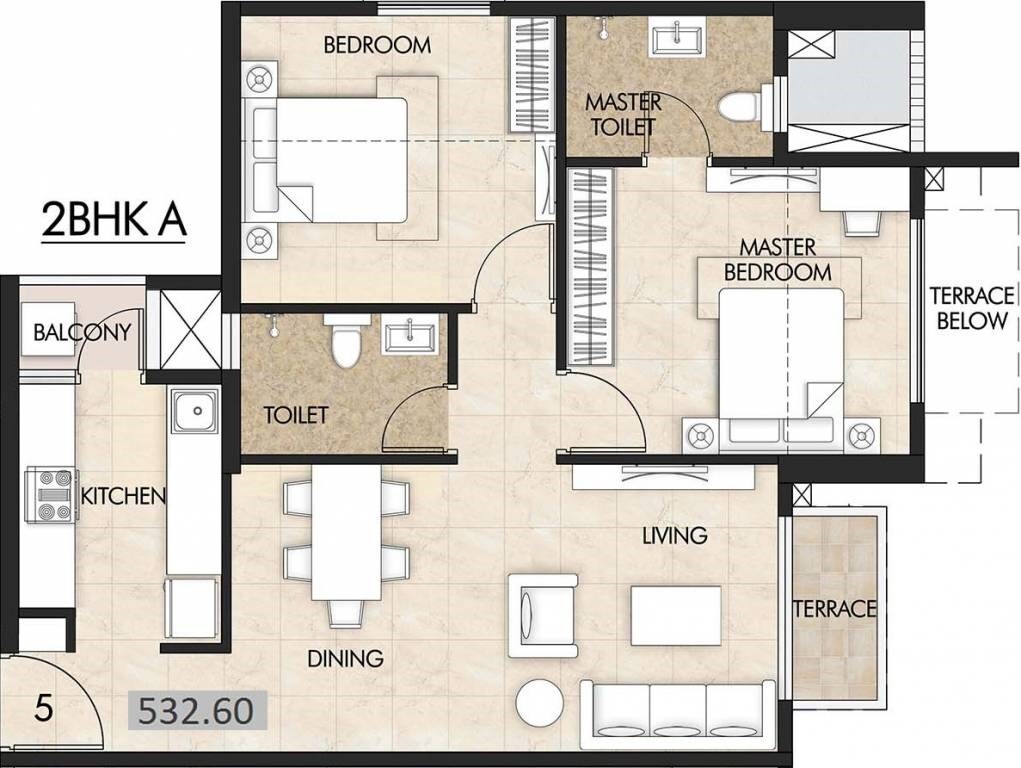 Floor plan of 2 BHK 532 Sq. Ft. Apartment in Mahindra Centralis Tower 3, Pune