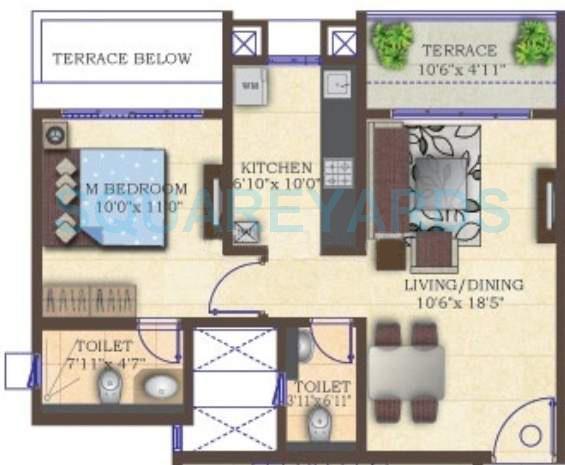 Floor plan of 1 BHK 695 Sq. Ft. Apartment in Mahindra Lifespaces Antheia, Pune