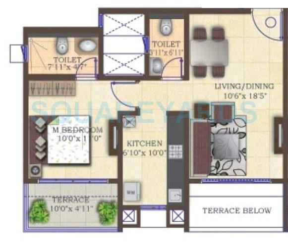 Floor plan of 1 BHK 701 Sq. Ft. Apartment in Mahindra Lifespaces Antheia, Pune