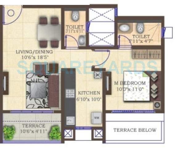 Floor plan of 1 BHK 718 Sq. Ft. Apartment in Mahindra Lifespaces Antheia, Pune