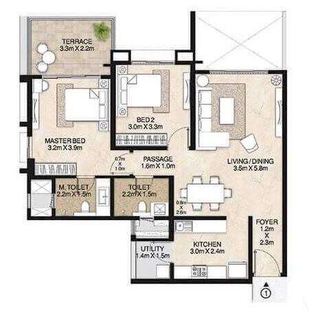 Floor plan of 2 BHK 1384 Sq. Ft. Apartment in Mahindra Lifespaces Antheia, Pune