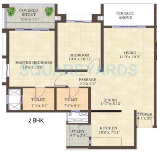 Floor plan of 2 BHK 1050 Sq. Ft. Apartment in Mahindra Lifespaces Antheia, Pune