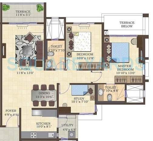 Floor plan of 2 BHK 1335 Sq. Ft. Apartment in Mahindra Lifespaces Antheia, Pune