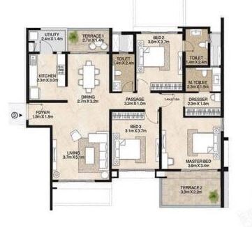 Floor plan of 3 BHK 1773 Sq. Ft. Apartment in Mahindra Lifespaces Antheia, Pune