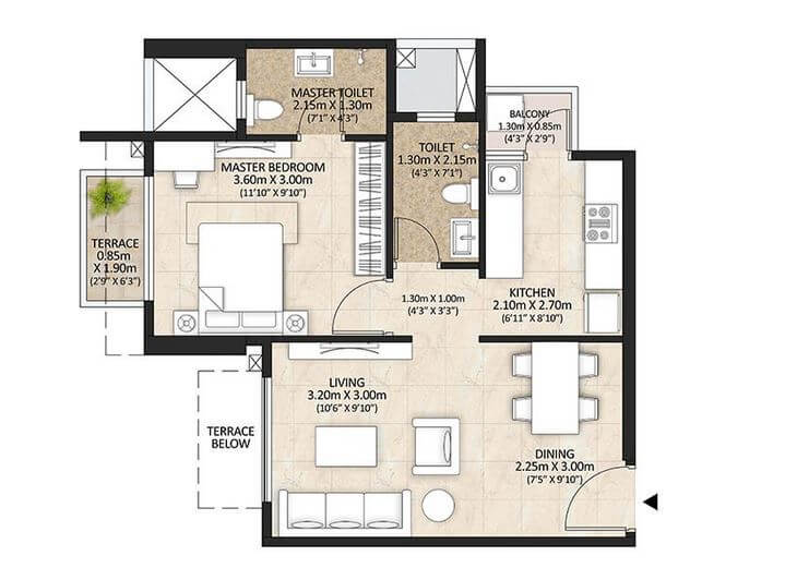 Floor plan of 1 BHK 429 Sq. Ft. Apartment in Mahindra Lifespaces Centralis 4, Pune