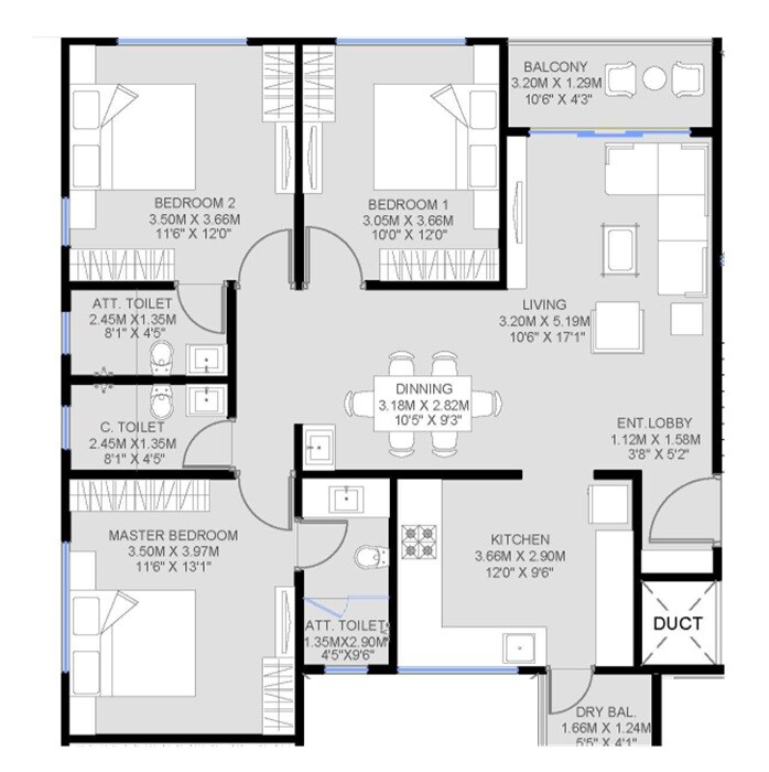 3 BHK 1015 Sq. Ft. Apartment