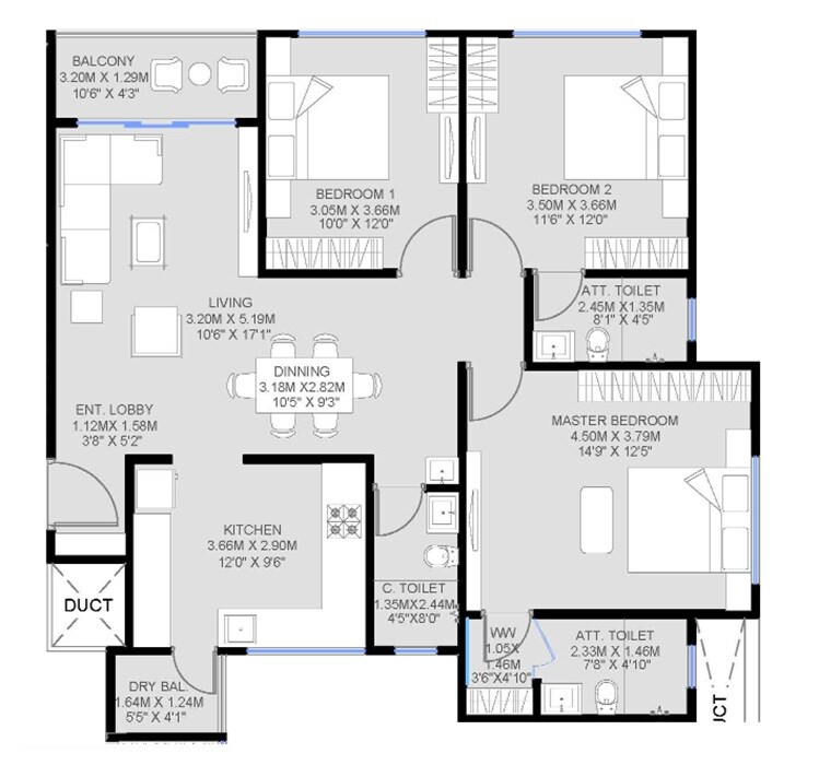 3 BHK 1055 Sq. Ft. Apartment