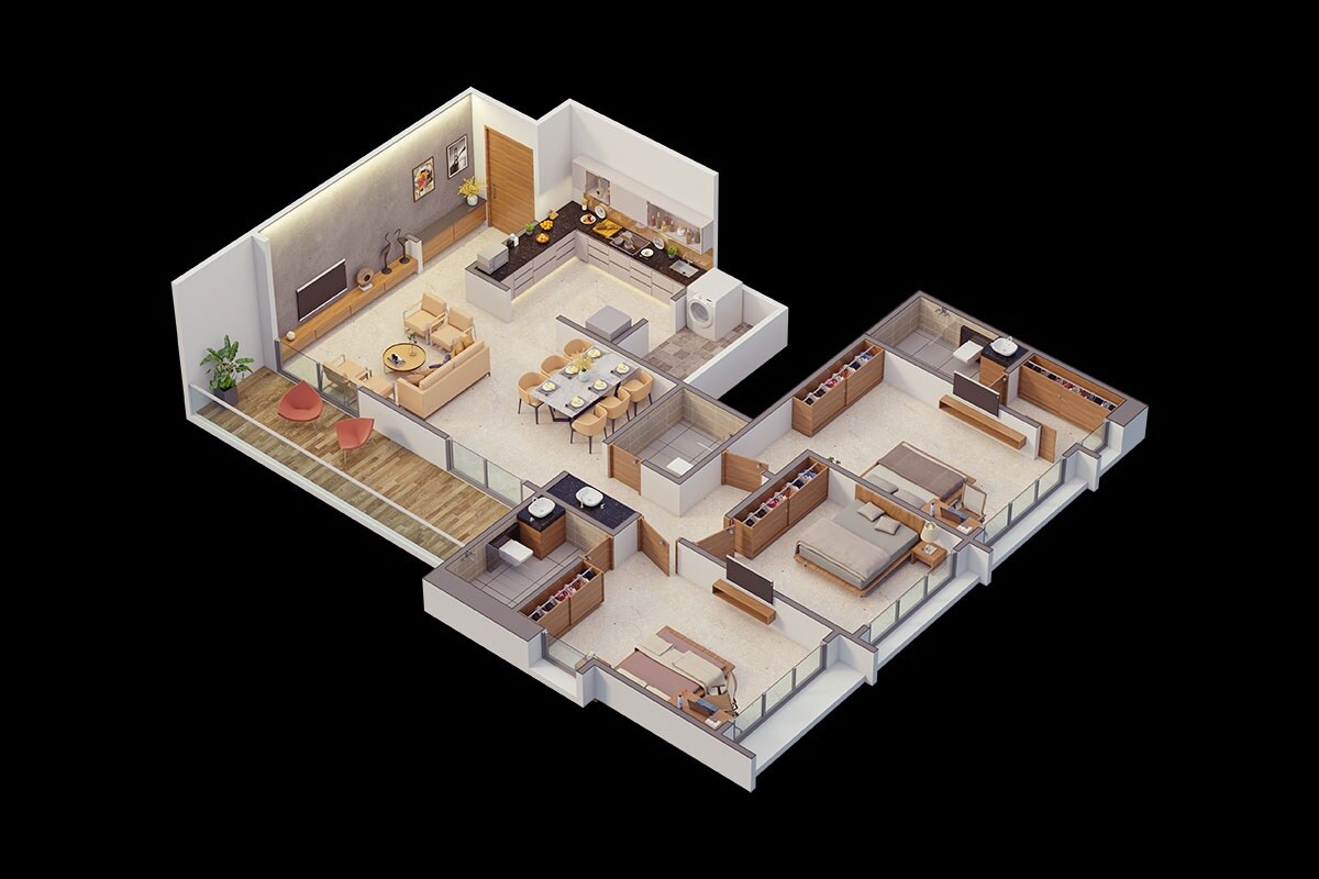 Floor plan of 3 BHK 1231 Sq. Ft. Apartment in Majestique 27 Grand Residences, Pune