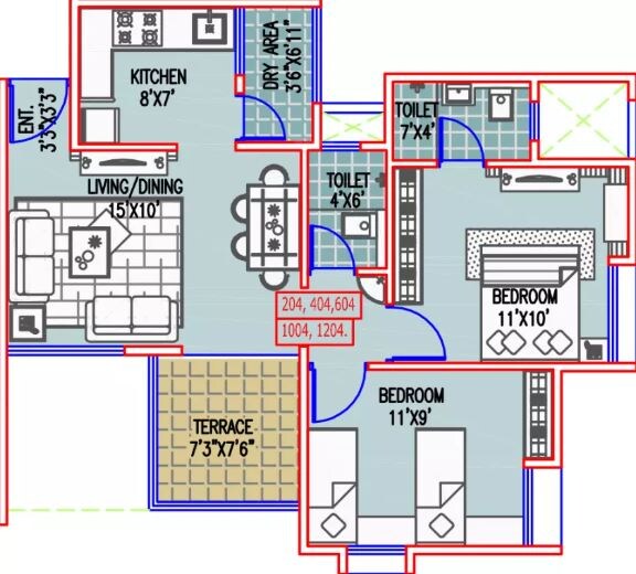 Floor plan of 2 BHK 658 Sq. Ft. Apartment in Majestique City, Pune