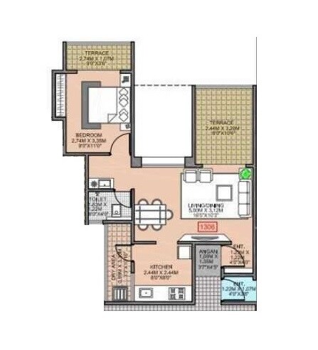 Floor plan of 1 BHK 360 Sq. Ft. Apartment in Majestique City D Building, Pune
