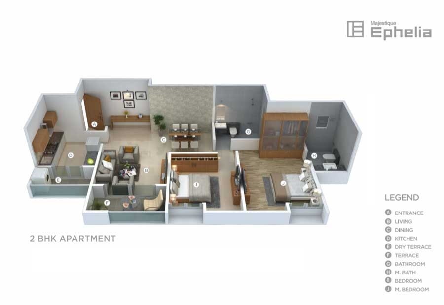 Floor plan of 2 BHK 668 Sq. Ft. Apartment in Majestique Ephelia, Pune