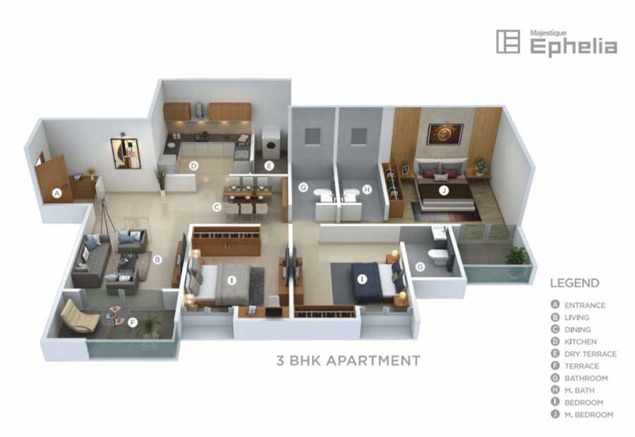 Floor plan of 3 BHK 1210 Sq. Ft. Apartment in Majestique Ephelia, Pune