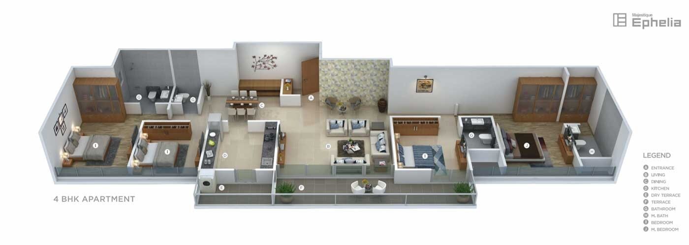 Floor plan of 4 BHK 1578 Sq. Ft. Apartment in Majestique Ephelia, Pune