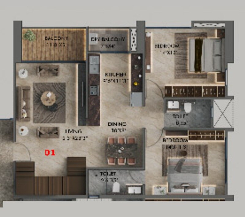 Floor plan of 2 BHK 839 Sq. Ft. Apartment in Majestique Krutarth, Pune