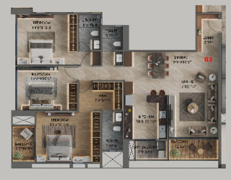 Floor plan of 3 BHK 1097 Sq. Ft. Apartment in Majestique Krutarth, Pune