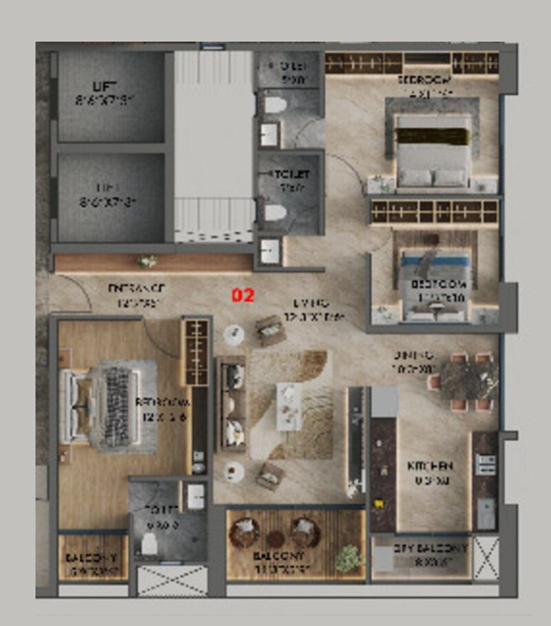 Floor plan of 3 BHK 1432 Sq. Ft. Apartment in Majestique Krutarth, Pune