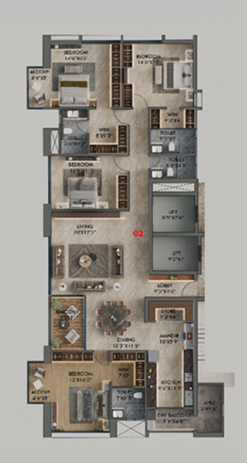 Floor plan of 4 BHK 2077 Sq. Ft. Apartment in Majestique Krutarth, Pune