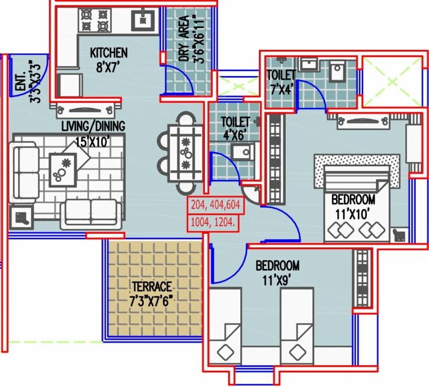 Floor plan of 2 BHK 1178 Sq. Ft. Apartment in Majestique Landmark City, Pune