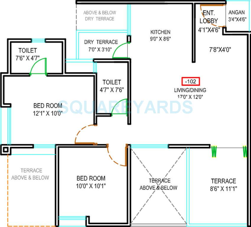 Floor plan of 2 BHK 580 Sq. Ft. Apartment in Majestique Landmark Euriska, Pune